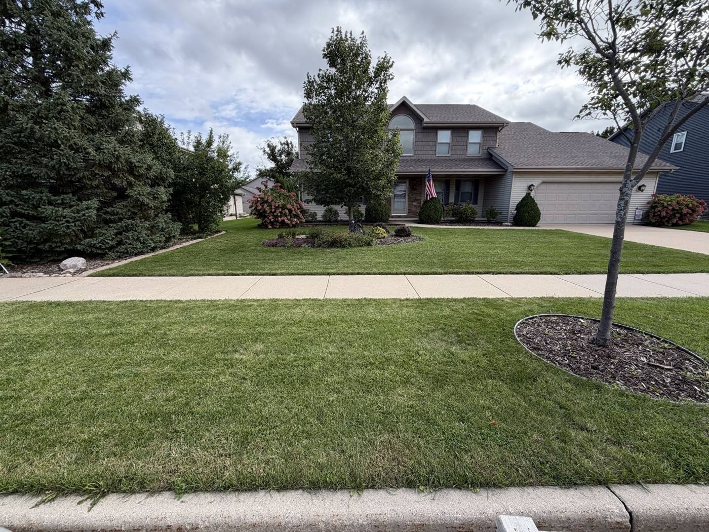 A freshly kept front lawn with mulched tree ring and planting beds