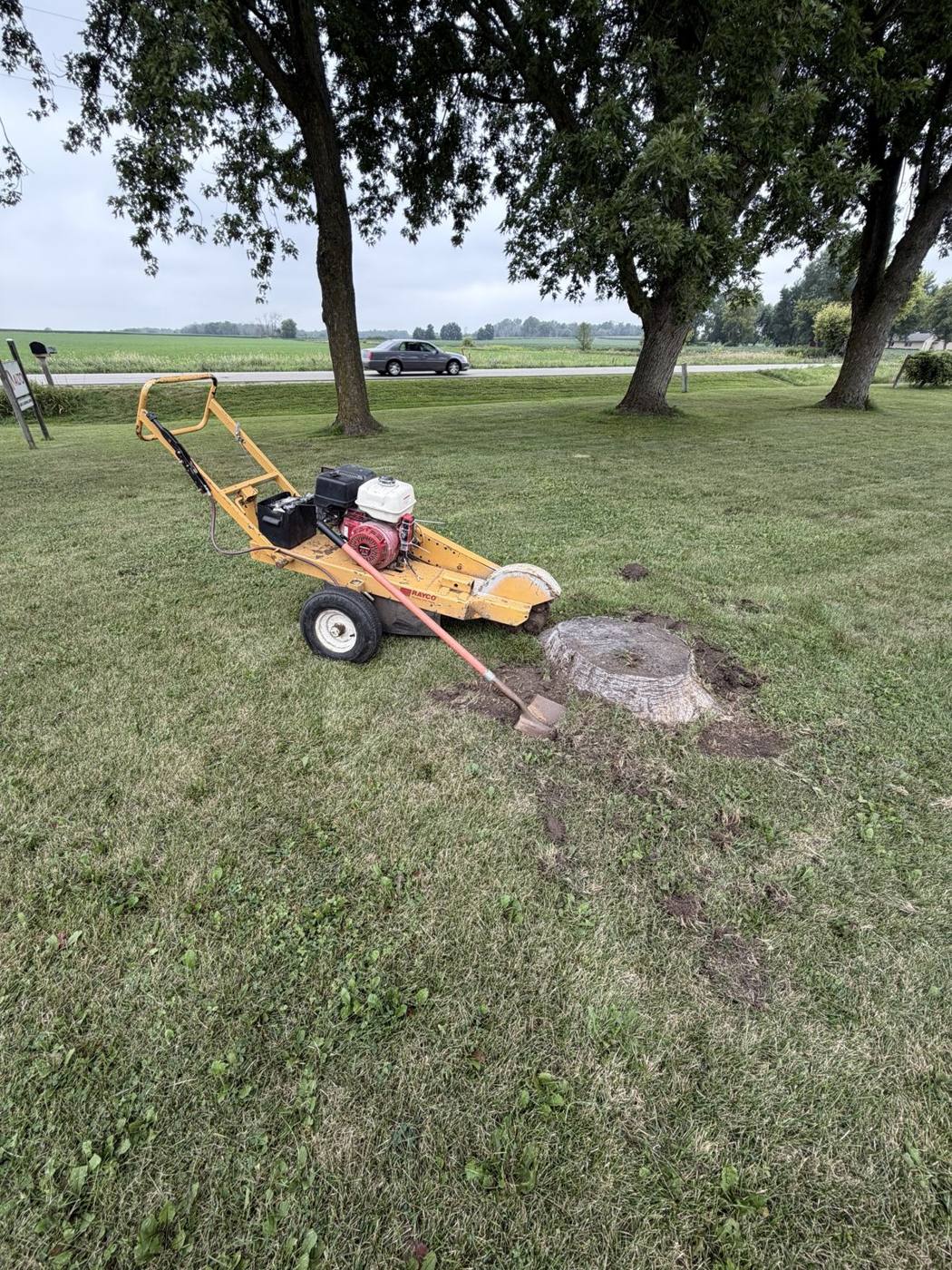 Stump grinder working on a large stump in a yard